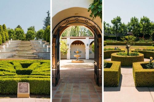 Various images of landscapes from the Gardens of the World in Thousand Oaks, California